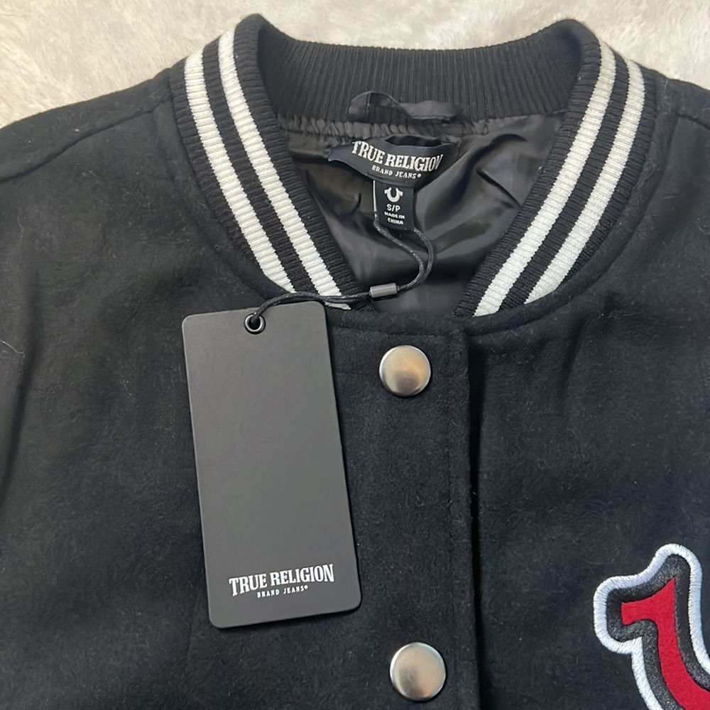 NWT True Religion True Varsity Jacket Black and Winter White Embroidered Detail - Picture 2 of 13